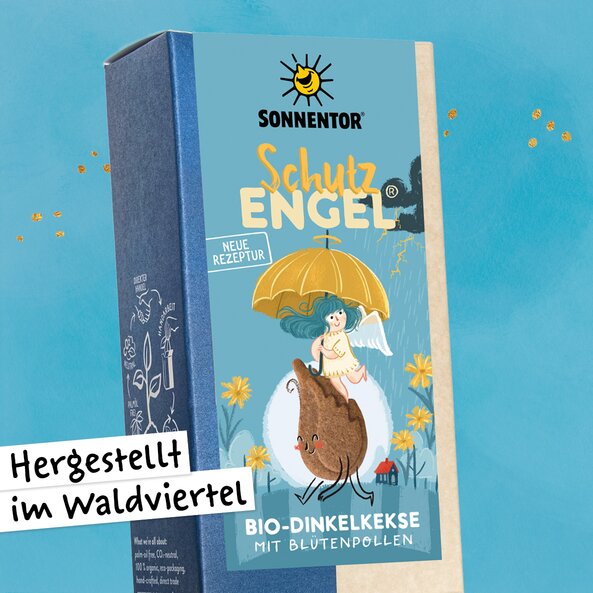 Verpackung der Sonnentor Schutzengel Kekse mit Aufschrift "Bio-Dinkelkekse mit Blütenpollen" und "Hergestellt im Waldviertel"