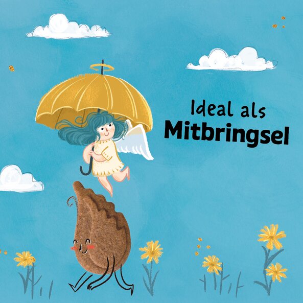 Illustration eines Schutzengels mit Schirm über einem Keks, daneben der Text "Ideal als Mitbringsel"