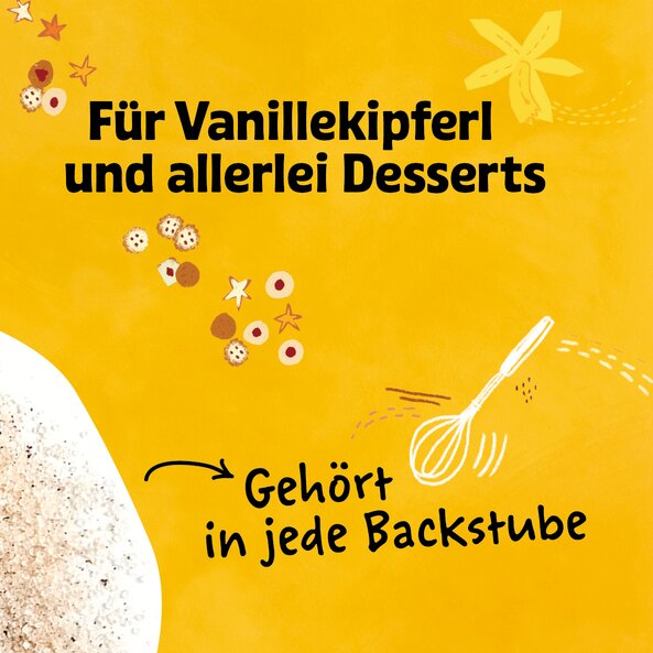 Vanillezucker mit Text "Für Vanillekipferl und allerlei Desserts" sowie "Gehört in jede Backstube"