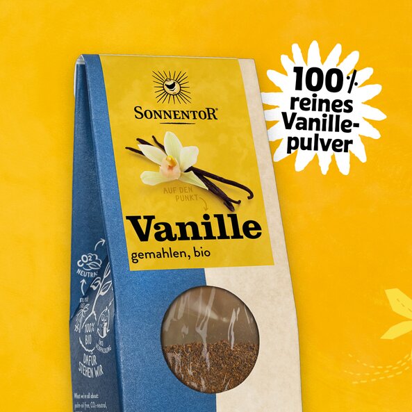 Verpackung Sonnentor Vanille gemahlen, bio mit Vanilleblüte und Vanilleschote, Text: "100 % reines Vanillepulver"