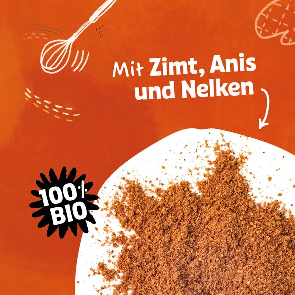 Gemahlenes Lebkuchengewürz auf weißem Hintergrund mit Text "Mit Zimt, Anis und Nelken" und "100 % BIO"