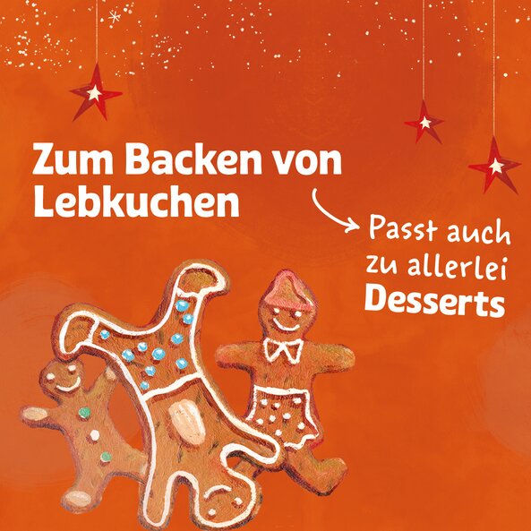 Lebkuchenfiguren mit Text "Zum Backen von Lebkuchen" und "Passt auch zu allerlei Desserts"