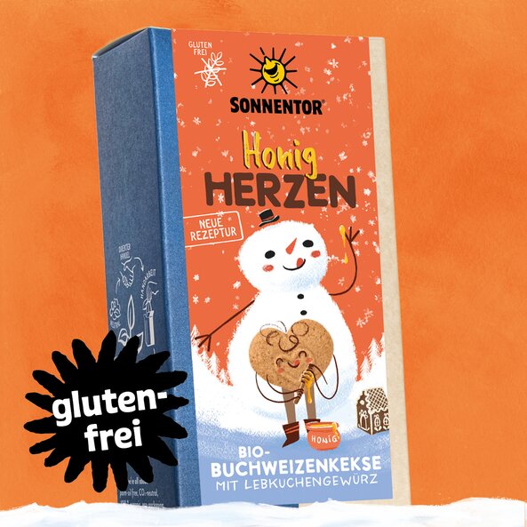 Sonnentor Honig Herzen, glutenfreie Bio-Buchweizenkekse mit Lebkuchengewürz in Verpackung