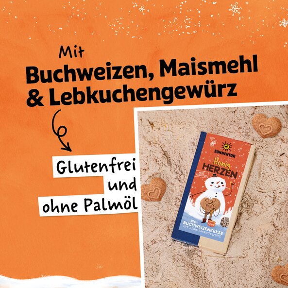 Verpackung Honig Herzen mit Text "Mit Buchweizen, Maismehl & Lebkuchengewürz" sowie "Glutenfrei und ohne Palmöl"