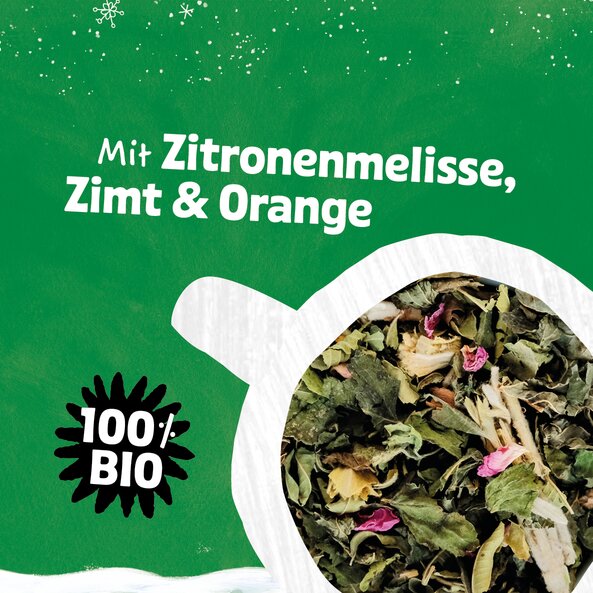 Kräuterteemischung mit Text "Mit Zitronenmelisse, Zimt & Orange" und Hinweis "100 % BIO"