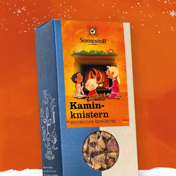 Sonnentor Kaminknistern, loser Bio Früchte-Gewürztee in Verpackung mit Sichtfenster