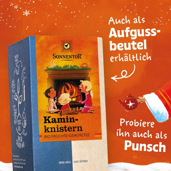 Kaminknistern Früchtetee mit Text "Auch als Aufgussbeutel erhältlich" und "Probiere ihn auch als Punsch"