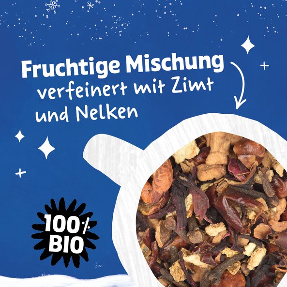 Früchteteemischung mit Text "Fruchtige Mischung verfeinert mit Zimt und Nelken" und Hinweis "100 % BIO"