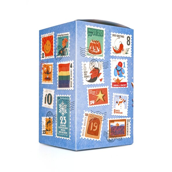 Seitenansicht des Gewürz Adventkalenders mit bunten Briefmarkenmotiven und weihnachtlichen Illustrationen