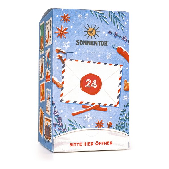 Rückseite des Gewürz Adventkalenders mit Fenster 24 und Text "Bitte hier öffnen"