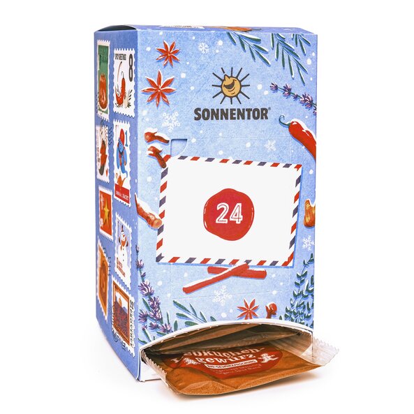 Geöffneter Gewürz Adventkalender mit entnommenem Bio-Gewürzbeutel "Lebkuchengewürz"