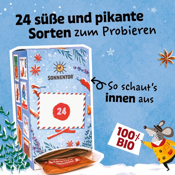Gewürz Adventkalender geöffnet mit Text "24 süße und pikante Sorten zum Probieren" und "100 % Bio"