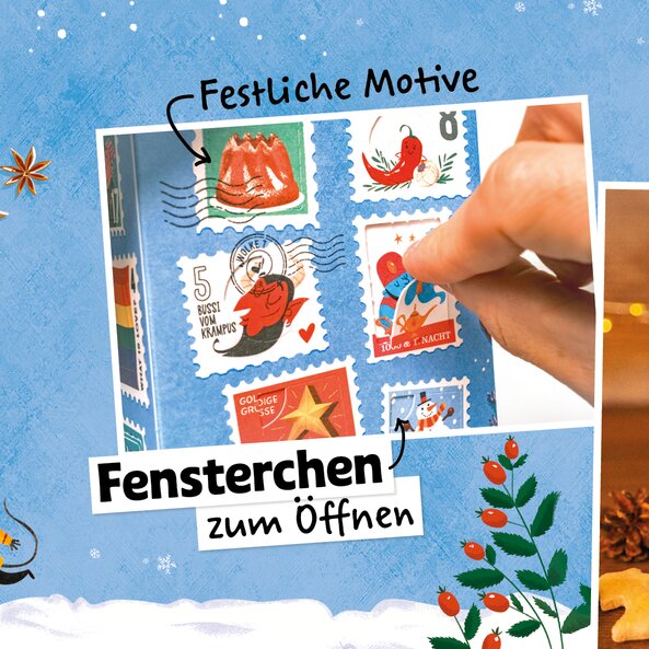 Gewürz Adventkalender mit 24 Fensterchen zum Öffnen und festlichen Weihnachtsmotiven
