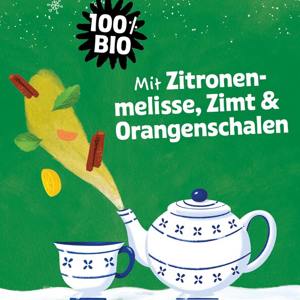Teekanne mit Tasse, umgeben von Zitronenmelisse, Zimt und Orangenschalen, Text: "100% BIO"