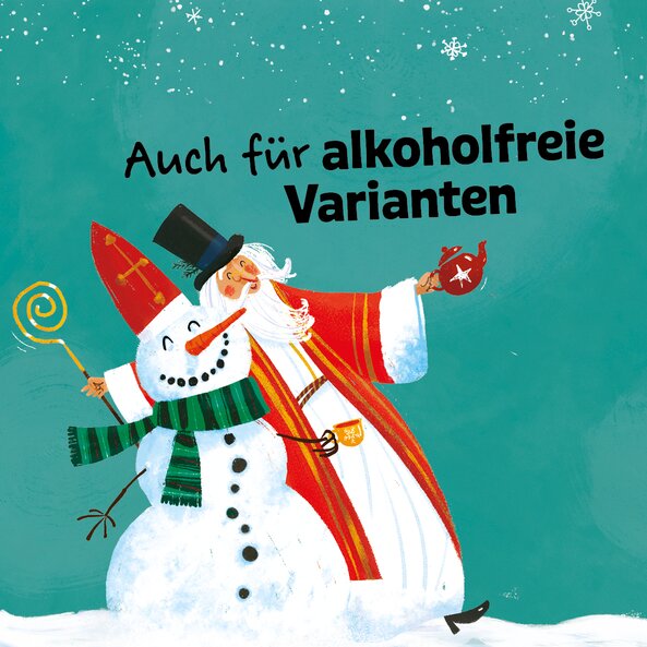 Illustration mit Schneemann und Nikolaus, Text: "Auch für alkoholfreie Varianten"