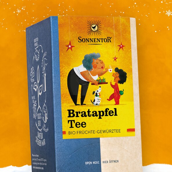 Verpackung von Sonnentor Bratapfel Tee, Bio Früchte-Gewürztee mit winterlicher Illustration