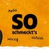 Oranger Hintergrund mit Text "So schmeckt's: Apfel, süßlich, würzig"