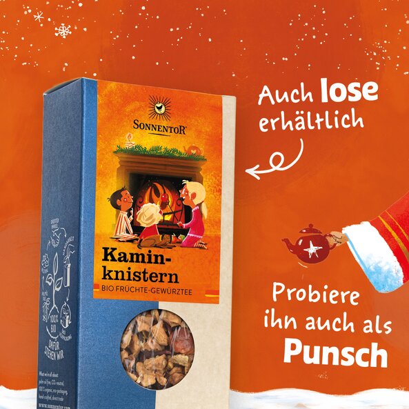 Verpackung von Kaminknistern Tee mit Sichtfenster, Text: "Auch lose erhältlich – Probiere ihn auch als Punsch"