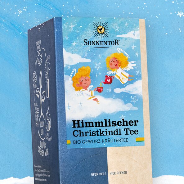 Verpackung von Sonnentor Himmlischer Christkindl Tee, Bio Gewürz-Kräuterteemischung mit Engelsillustration