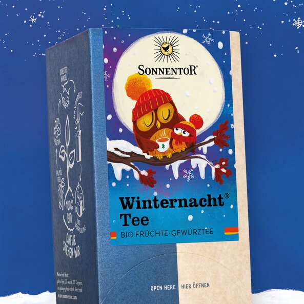 Verpackung von Sonnentor Winternacht® Tee, Bio Früchte-Gewürzteemischung mit Eulenillustration