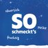 Blauer Hintergrund mit Text "So schmeckt's: säuerlich, Nelke, fruchtig"