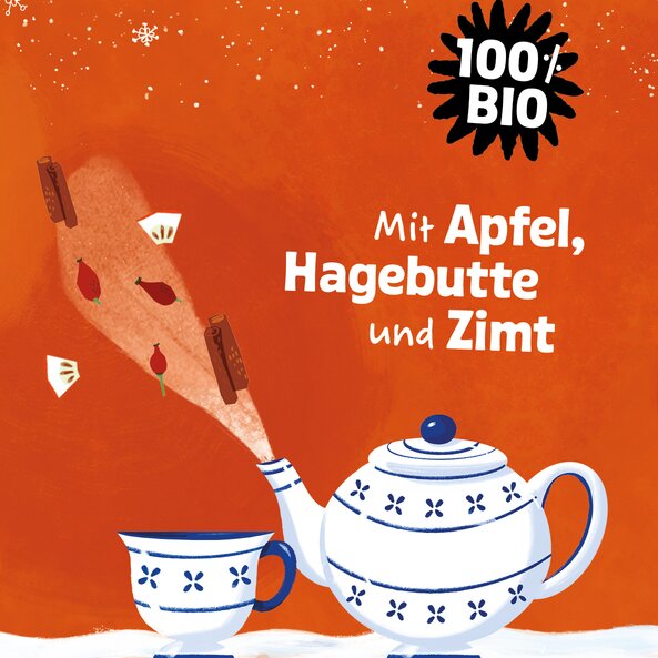 Teekanne und Tasse mit Zutaten, Text: "100% BIO – Mit Apfel, Hagebutte und Zimt"
