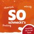 Oranger Hintergrund mit Text "So schmeckt's: säuerlich, würzig, fruchtig – Leuchtet rot in der Tasse"