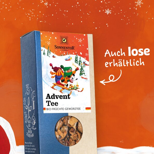 Verpackung von Advent Tee mit Sichtfenster, Text: "Auch lose erhältlich"