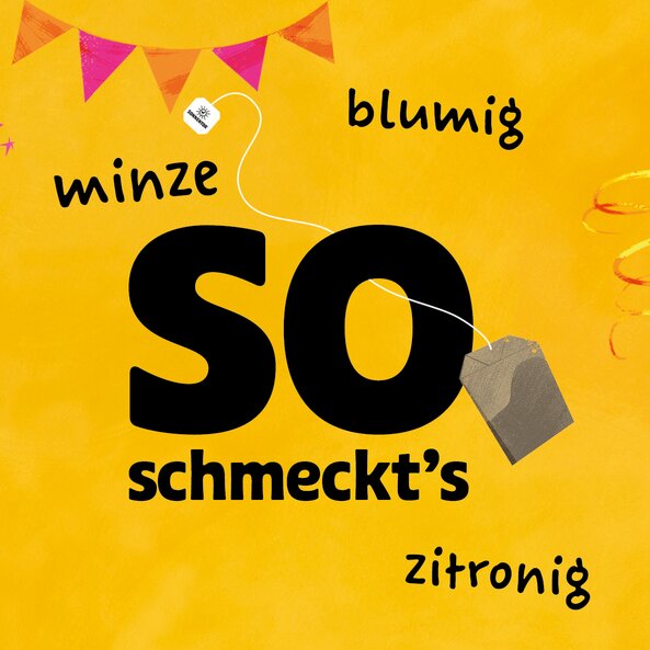 Gelber Hintergrund mit Text "So schmeckt’s: blumig, minze, zitronig"