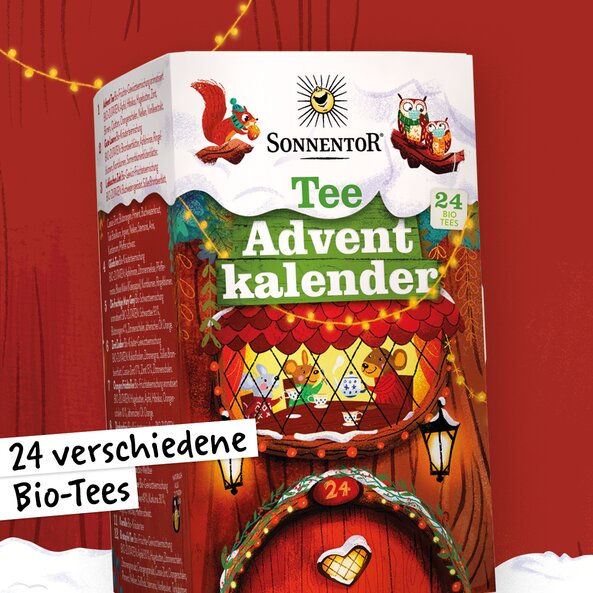 Packung Tee Adventkalender von SONNENTOR, Text: "24 verschiedene Bio-Tees"