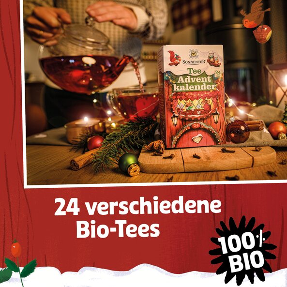 Tee Adventkalender mit aufgegossenem Tee, Text: "24 verschiedene Bio-Tees", "100 % Bio"