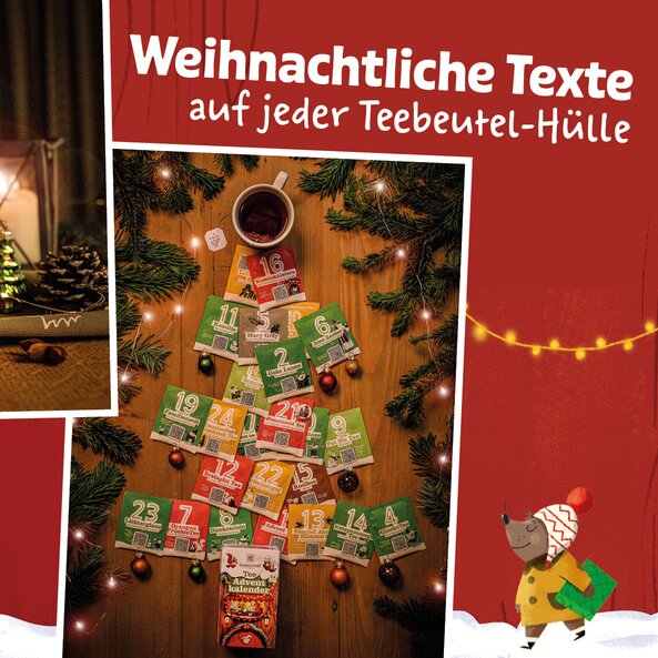 In Form eines Weihnachtsbaums aufgelegte Teebeutel, Text: "Weihnachtliche Texte auf jeder Teebeutel-Hülle"