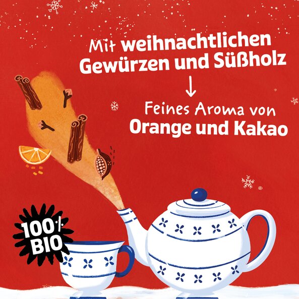 Illustration mit Teekanne und Text "Mit weihnachtlichen Gewürzen und Süßholz" sowie "Feines Aroma von Orange und Kakao"