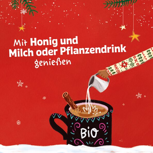 Illustration mit Tasse Weihnachts Chai und Text "Mit Honig und Milch oder Pflanzendrink genießen"