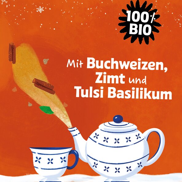 Illustration der Zutaten des Lebkuchen Zeit Tees mit Buchweizen, Zimt und Tulsi Basilikum, 100 Prozent Bio