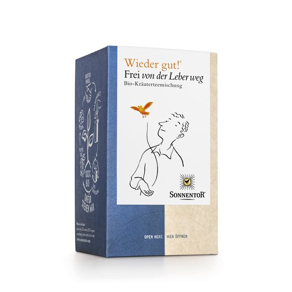 Photo of a pack Liberate your Liver Tea Organic Herbal Tea Blend. On the package is a picture of a man and an orange bird flying away.