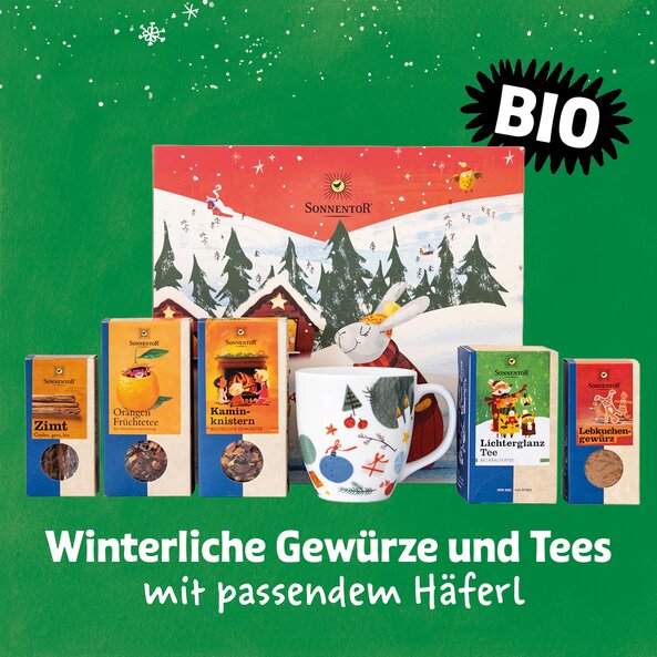 Winterlicher Sonnentor Geschenkkarton mit Tees, Gewürzen, Häferl und Text "Winterliche Gewürze und Tees mit passendem Häferl", BIO