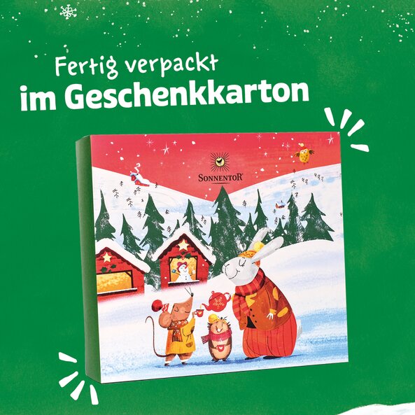 Geschlossener Sonnentor Geschenkkarton mit Winterillustration und Text "Fertig verpackt im Geschenkkarton"