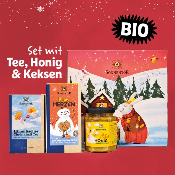 Sonnentor Christkindl Geschenkkarton mit Tee, Honig und Keksen, BIO