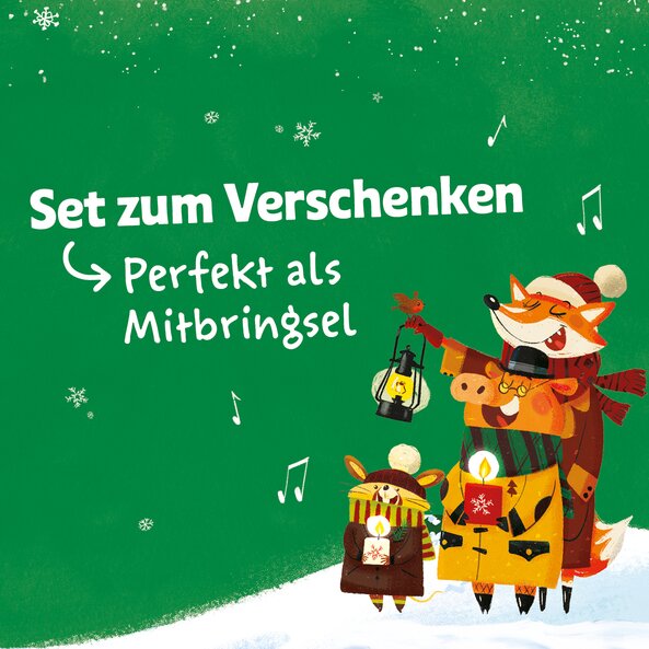 Winterillustration mit Tierfiguren und Text "Set zum Verschenken – Perfekt als Mitbringsel"