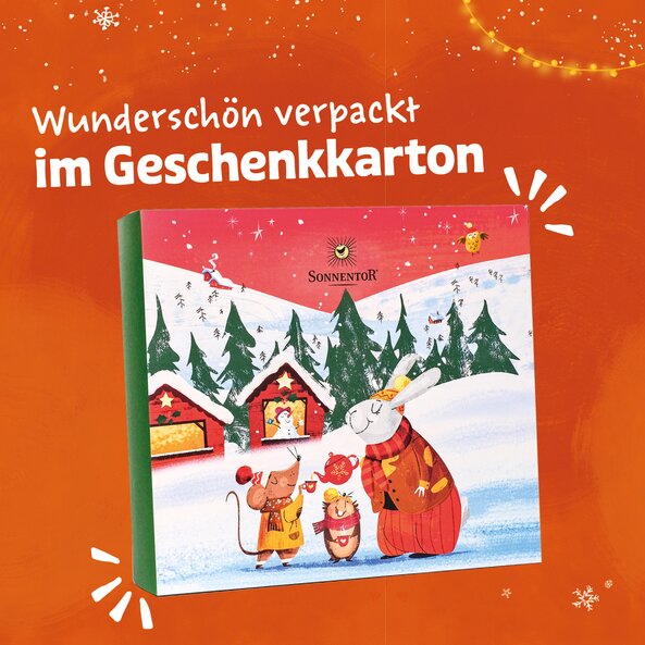 Geschlossener Sonnentor Geschenkkarton mit Winterillustration und Text "Wunderschön verpackt im Geschenkkarton"