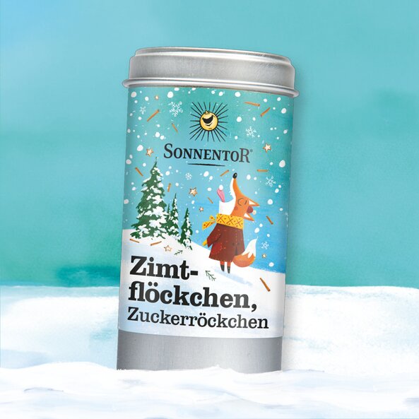 Sonnentor Bio-Gewürzdose "Zimtflöckchen, Zuckerröckchen" mit Winterillustration