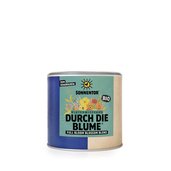 Auf der kleinen Gastrodose sind auf türkisem Etikett gezeichnete Blumen in gelb, rosa und orange zu sehen. 