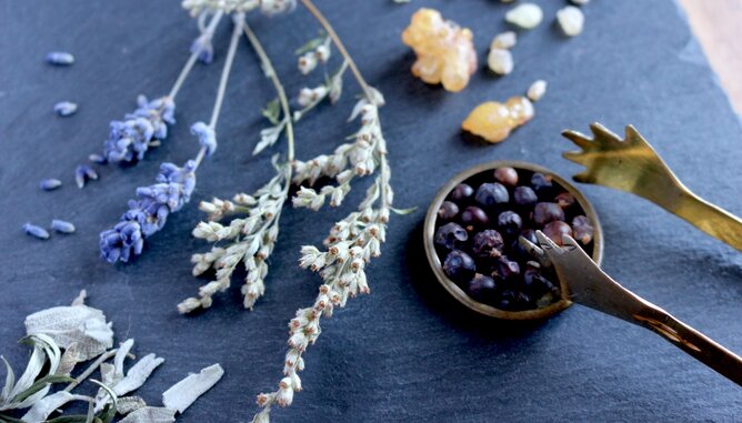 Jarolim Räuchern Luft | © SONNENTOR Auf dem Foto sind Thymian, Lavendel, Wacholderbeeren und vieles mehr zu sehen. | © SONNENTOR